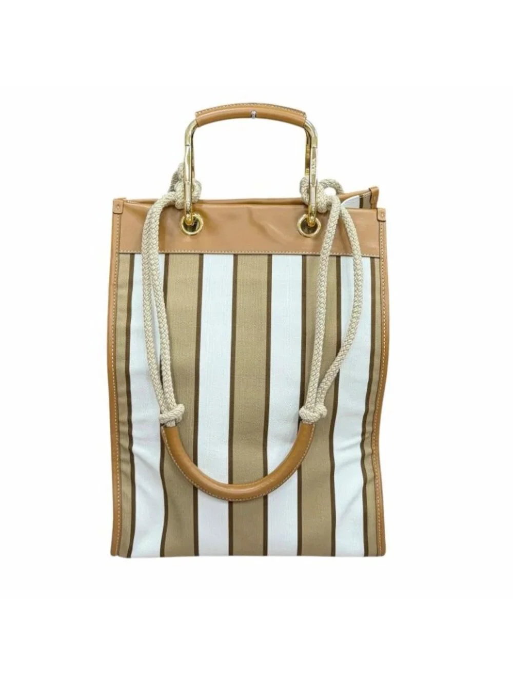 Prada Triangle Logo Stripe Leather Canvas Tote Brown White - Picture 3 of 14